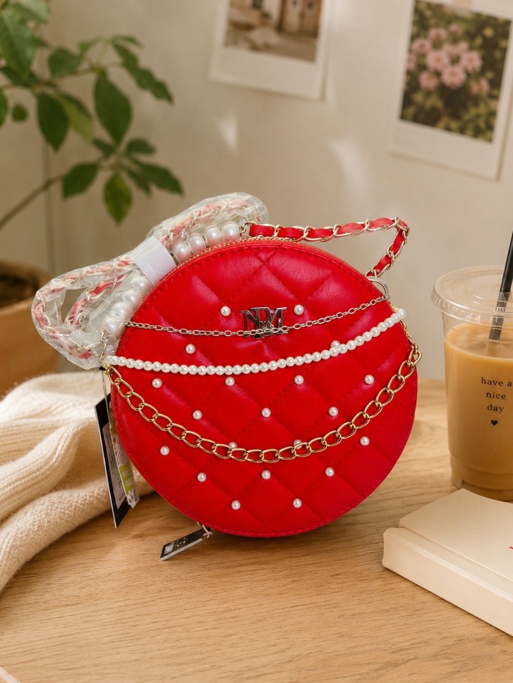 Badgley Mishka Round Diamond Quilted Crossbody w/ Pearls Red